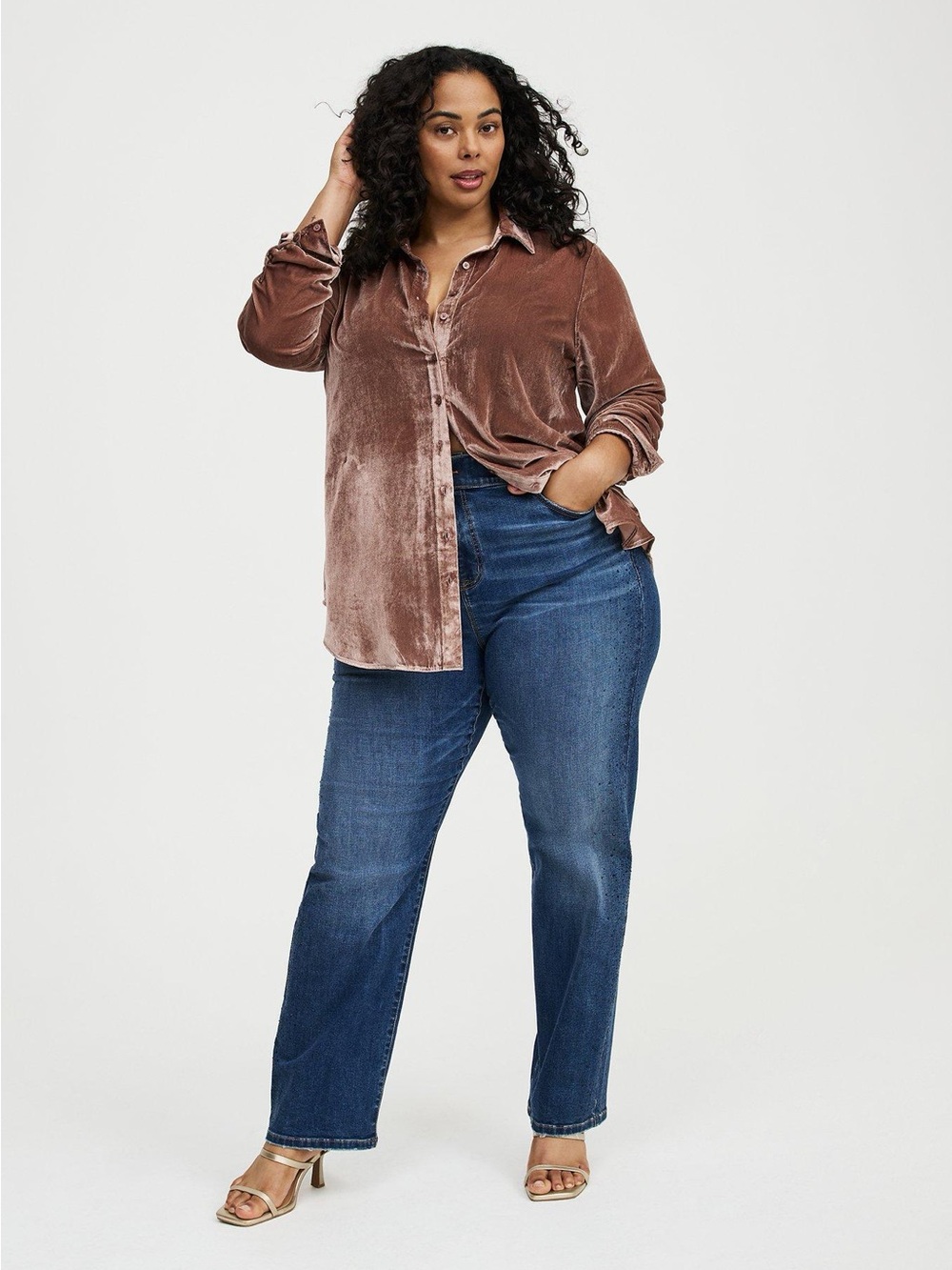 torrid | Lizzie Velvet Button-Up Shirt Nutmeg - Picture 3 of 10